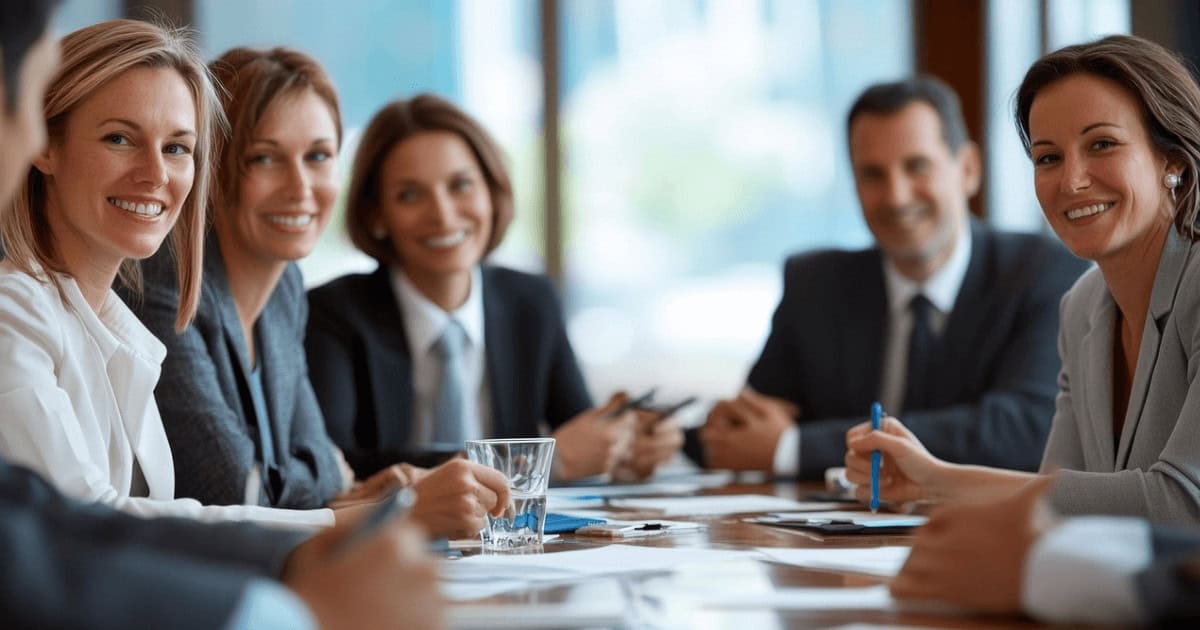 Mehrere Personen im Austausch und in Zusammenarbeit während eines Generative Engine Optimization Workshops in einem modernen Meetingraum.